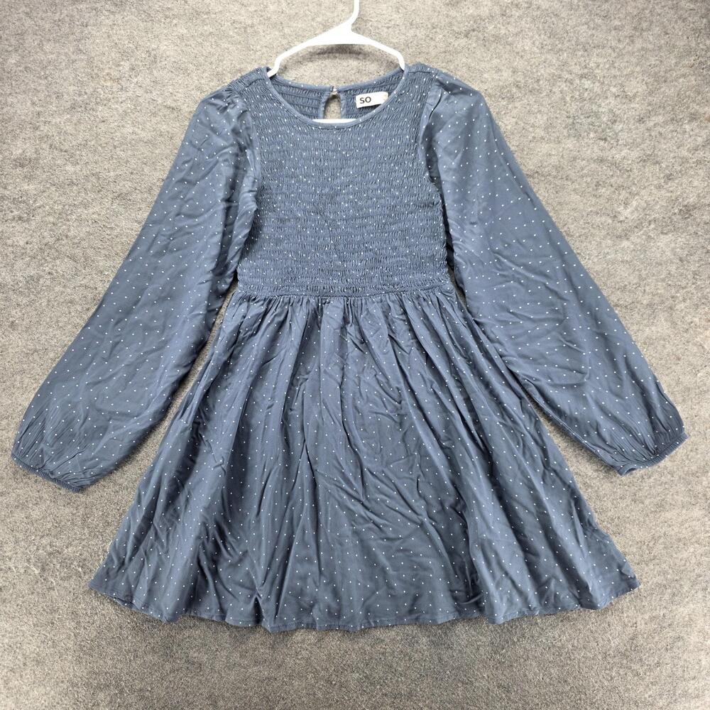SO Dress Womens XS Blue Fit & Flare Polka Dot Smocked Puff Sleeve Round Neck
